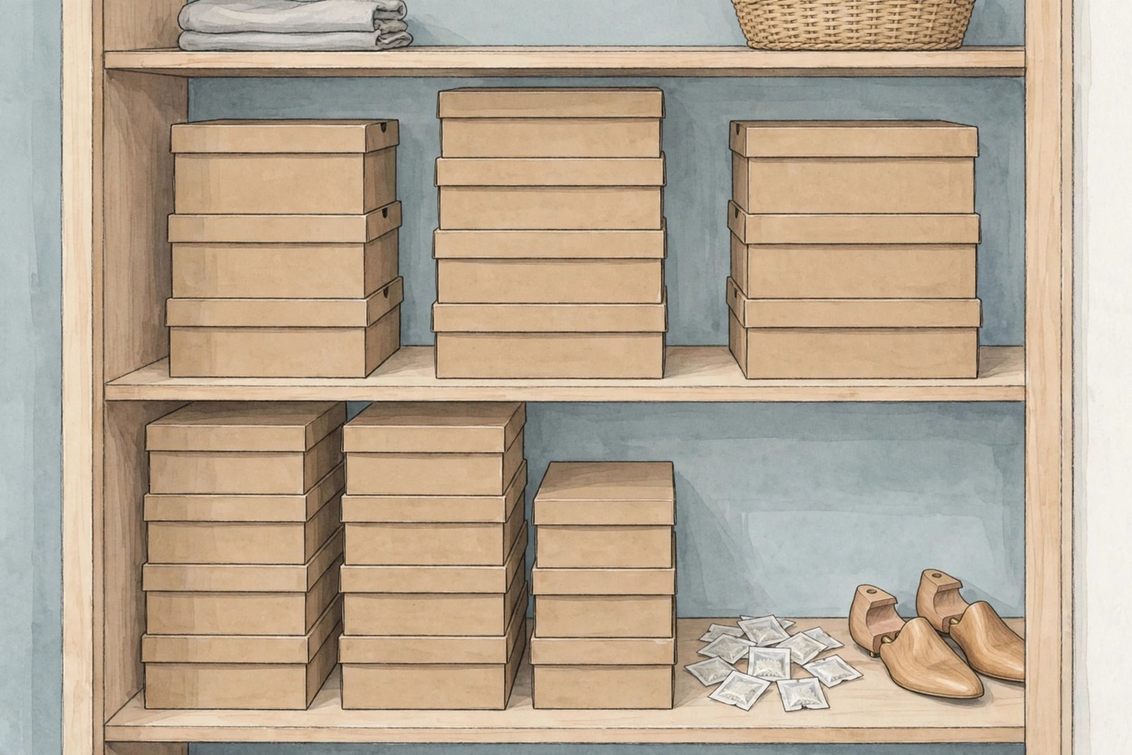 Neatly stored sneaker boxes in a cool dry closet with shoe trees and moisture absorbers nearby