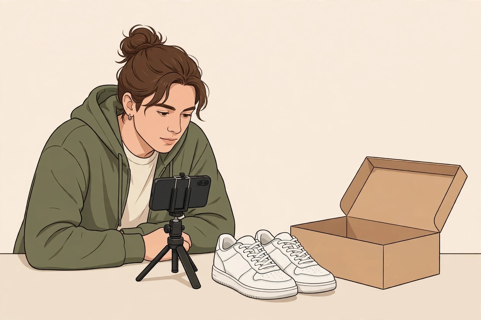 Seller photographing a clean pair of sneakers beside its original box for an online listing