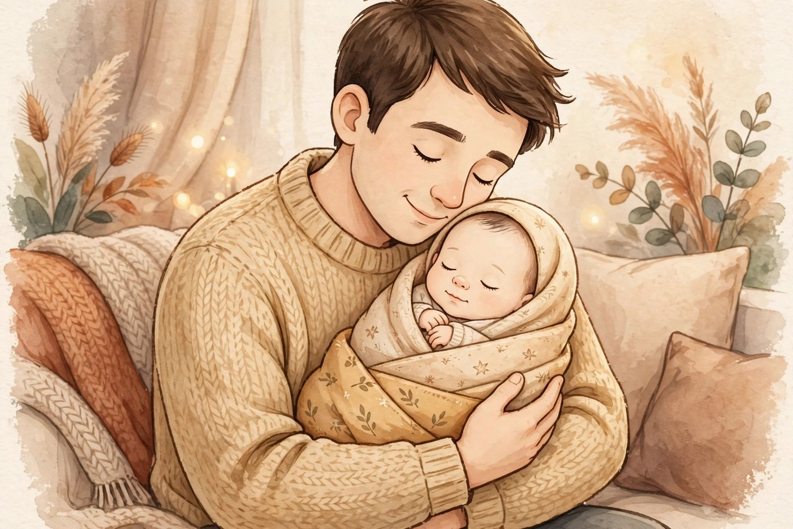 Generic illustration of a newborn baby wrapped in a soft blanket held gently in adult hands