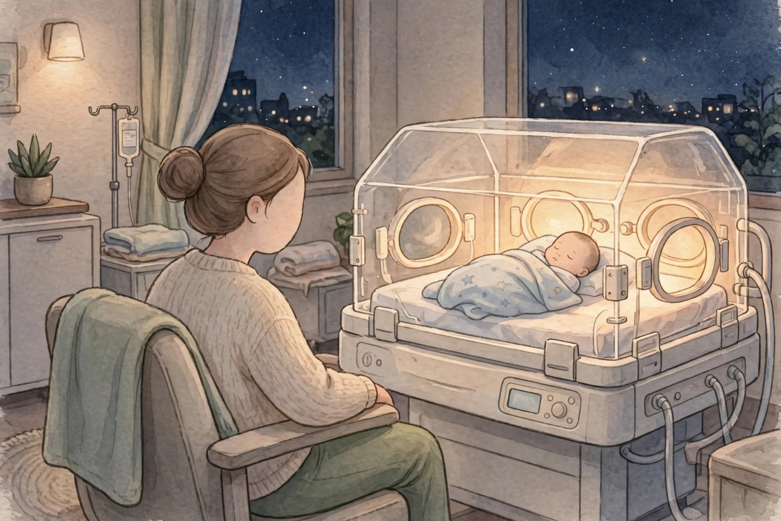 Generic illustration of a softly lit hospital neonatal care room with a parent sitting nearby