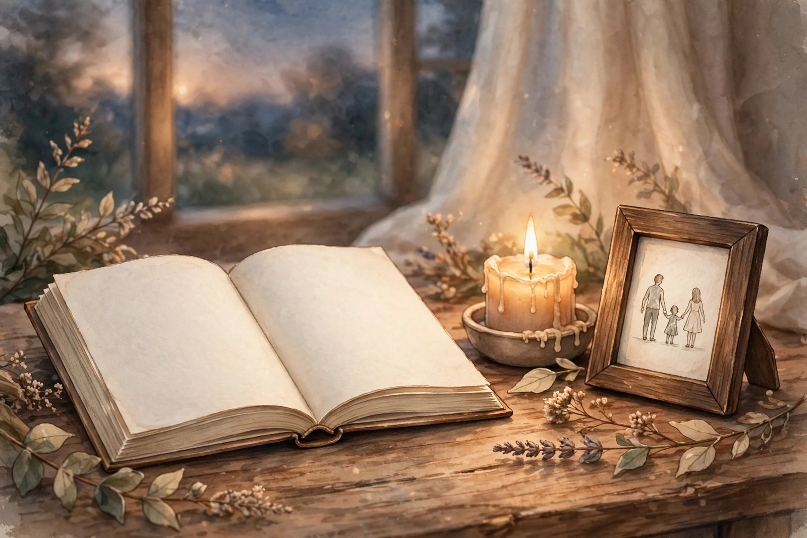Generic illustration of an open book beside a soft candle and a small family keepsake