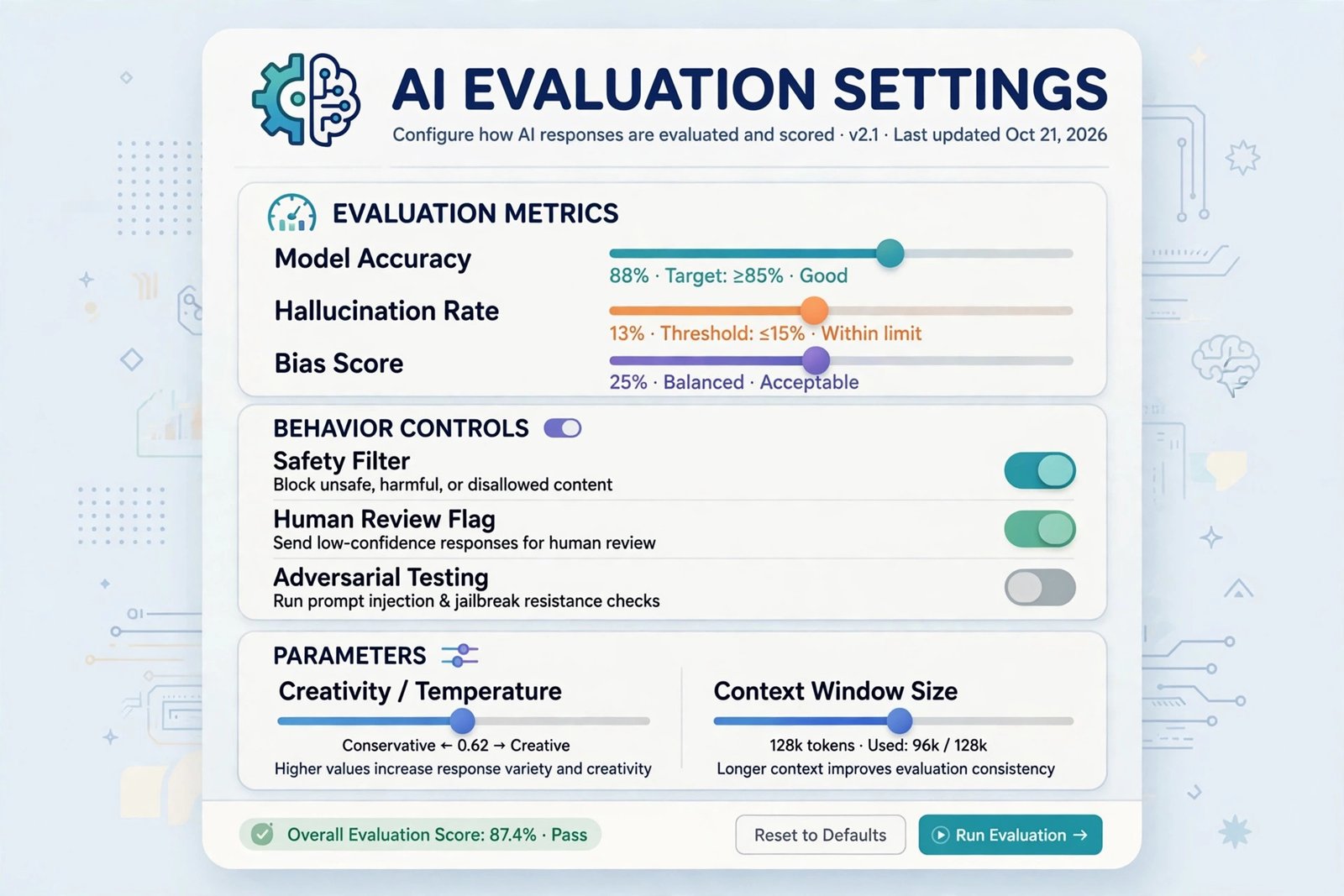 Stylized illustration of an AI evaluation settings control panel with toggles and sliders representing benchmark effort configurations