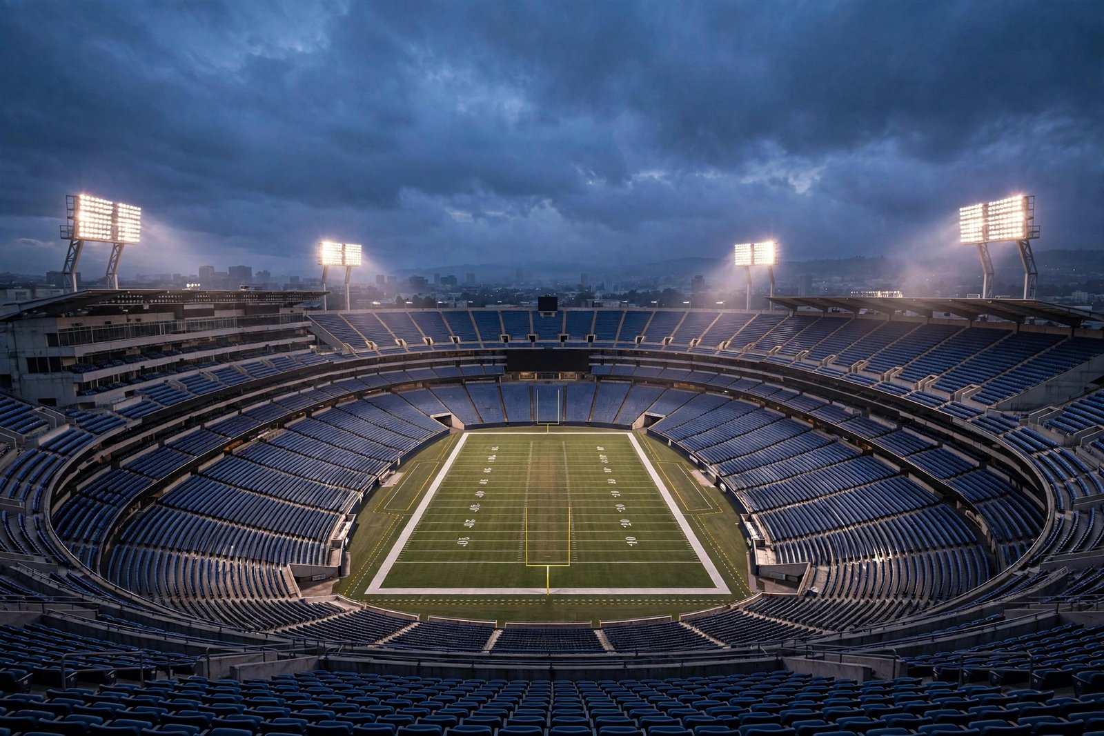 Football stadium at dusk with dramatic floodlights, representing the NFL world where Debby Clarke Belichick's marriage to Bill Belichick played out