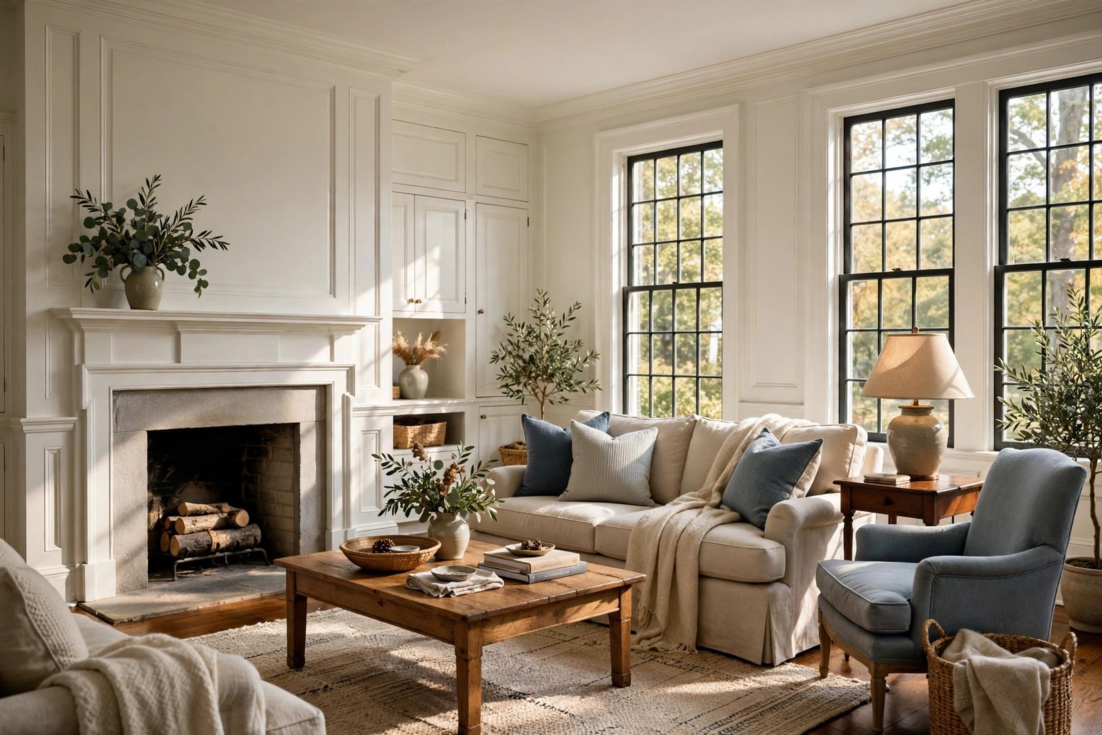 Elegant New England style home interior with classic colonial architecture and warm natural light