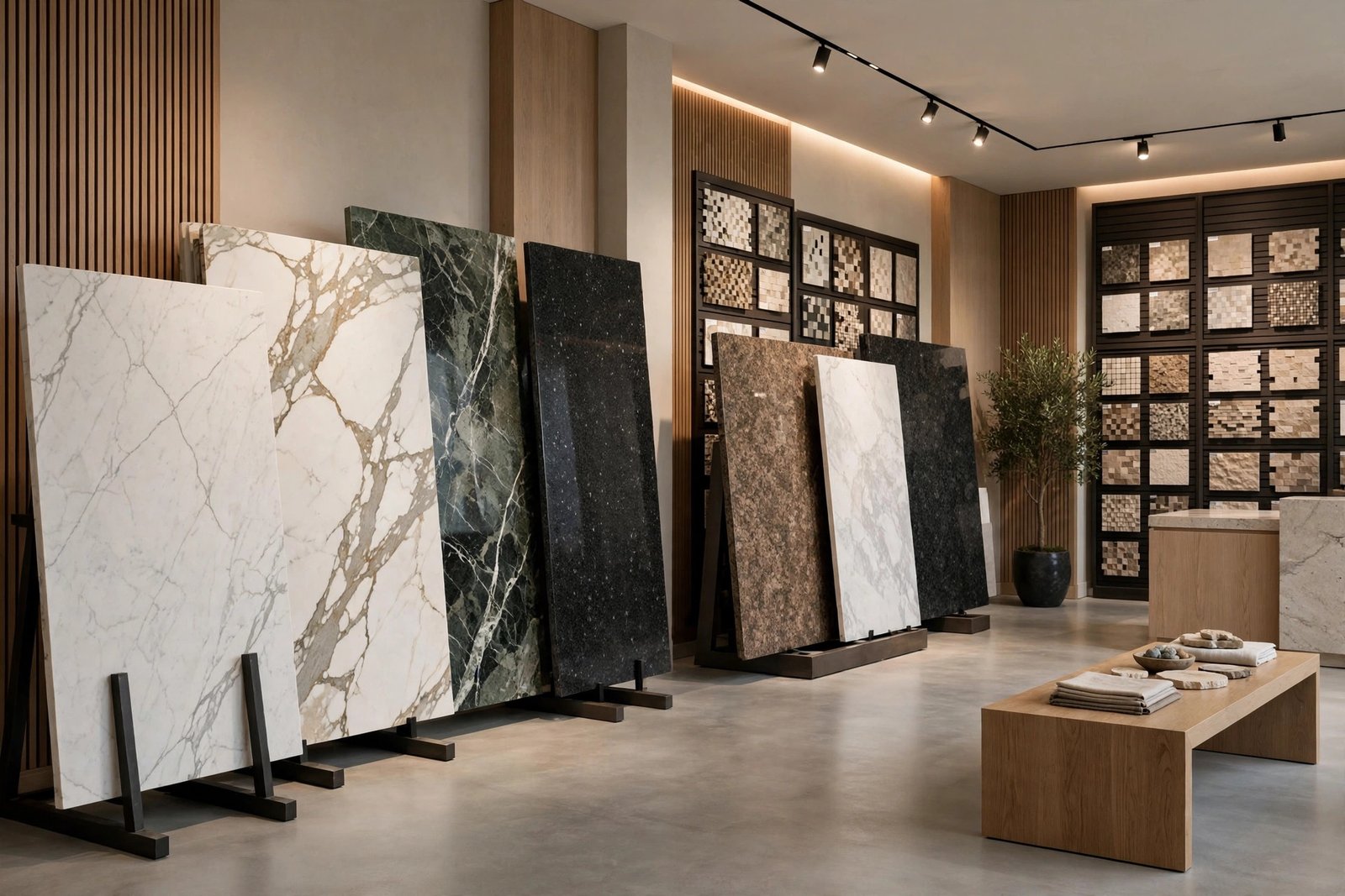 High-end tile and stone design studio showroom with marble and granite slabs on display