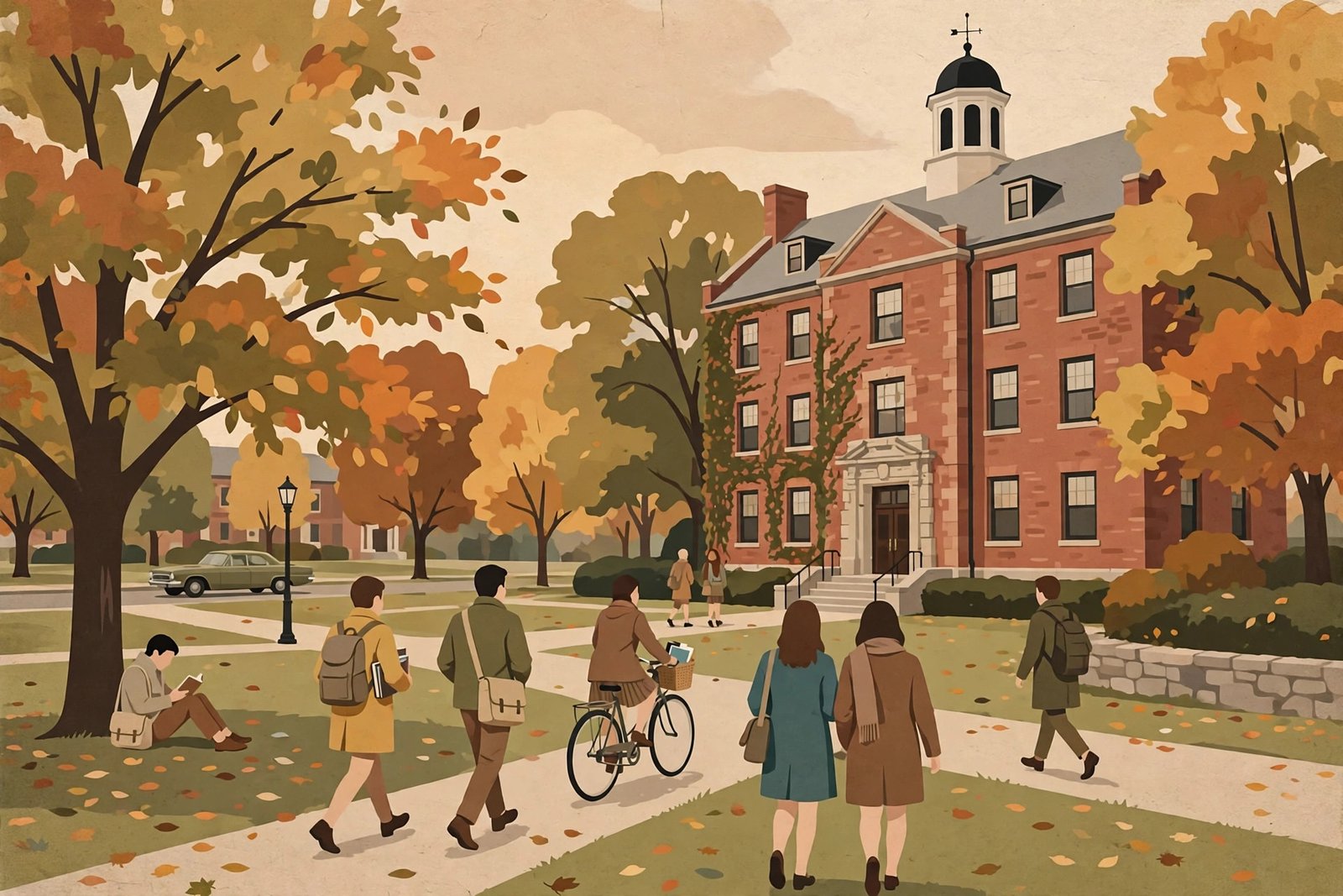 Editorial illustration of a 1960s college campus with an old brick academic building