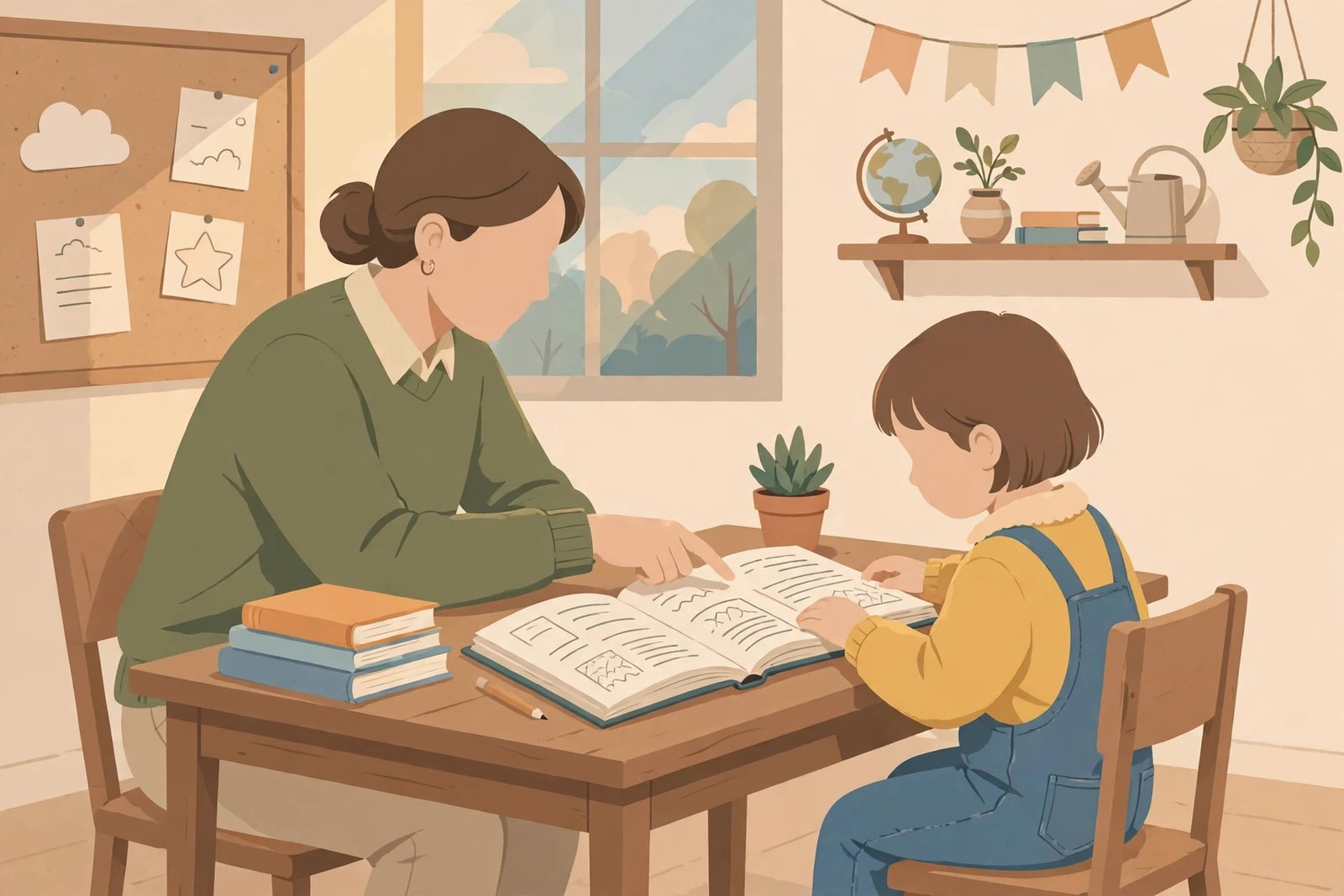 Editorial illustration of a teacher helping a young child learn to read at a classroom desk