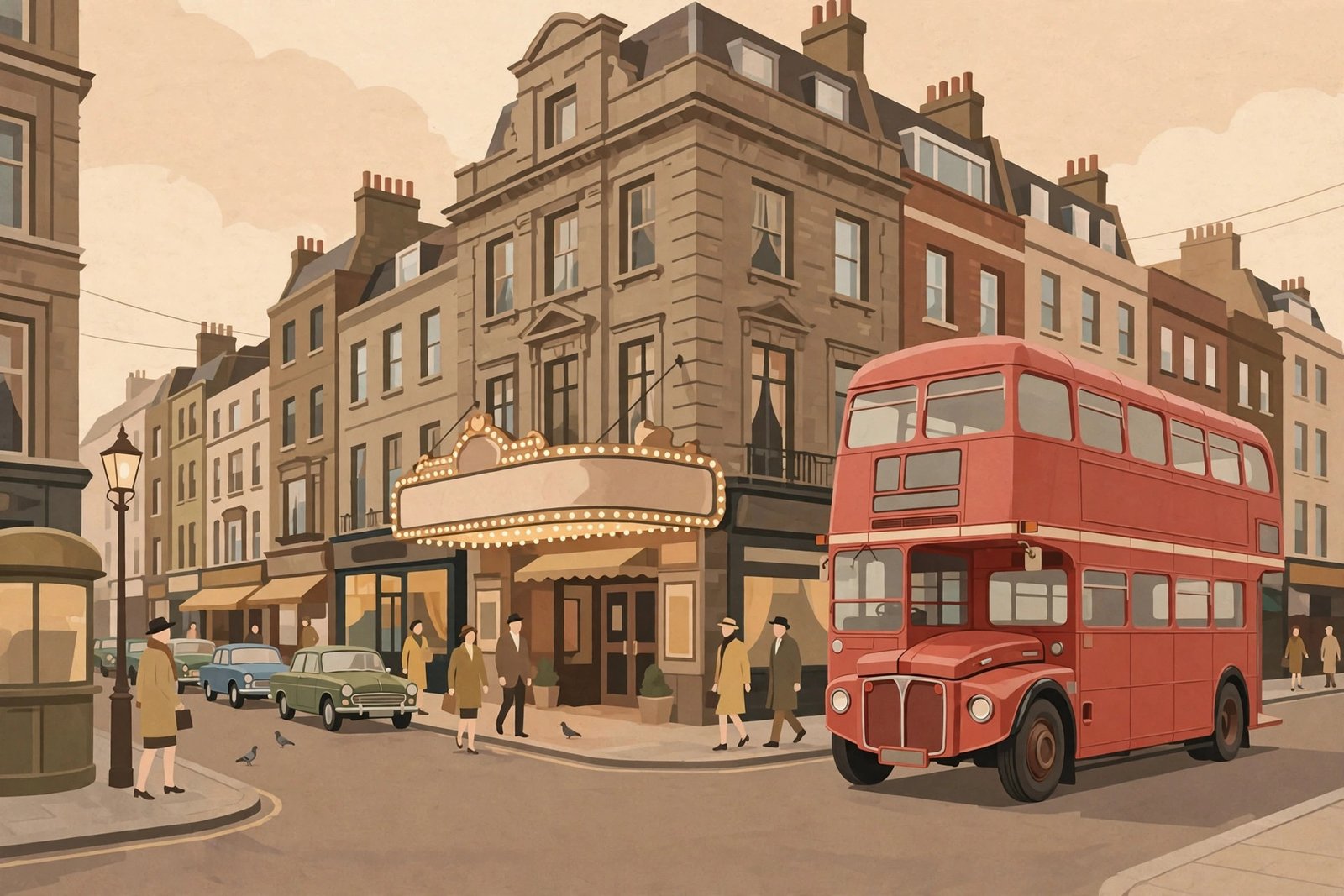 Editorial illustration of a vintage 1960s London street scene with a classic theater marquee