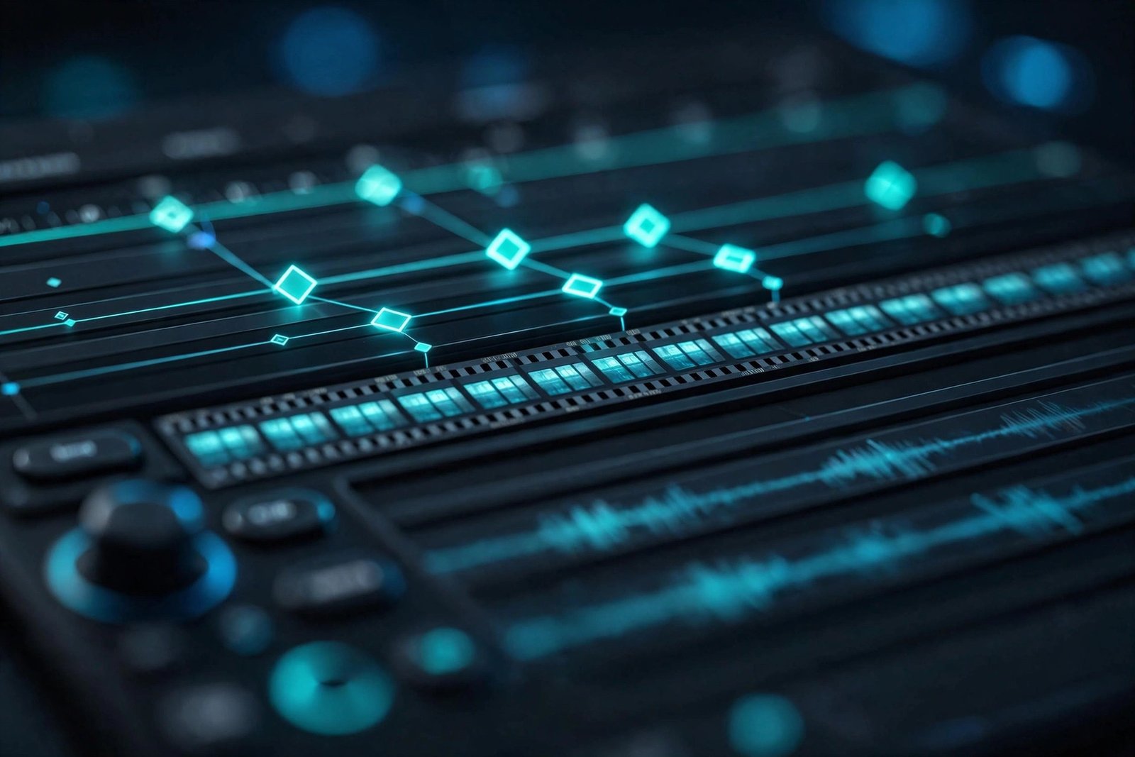 Close-up of an AI video editing timeline with glowing keyframe markers along a film strip