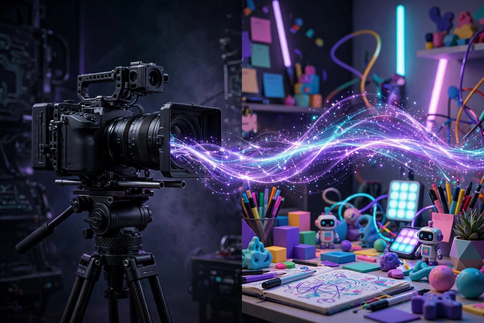 Split visual contrasting a premium cinema camera with a fast creative AI video studio setup