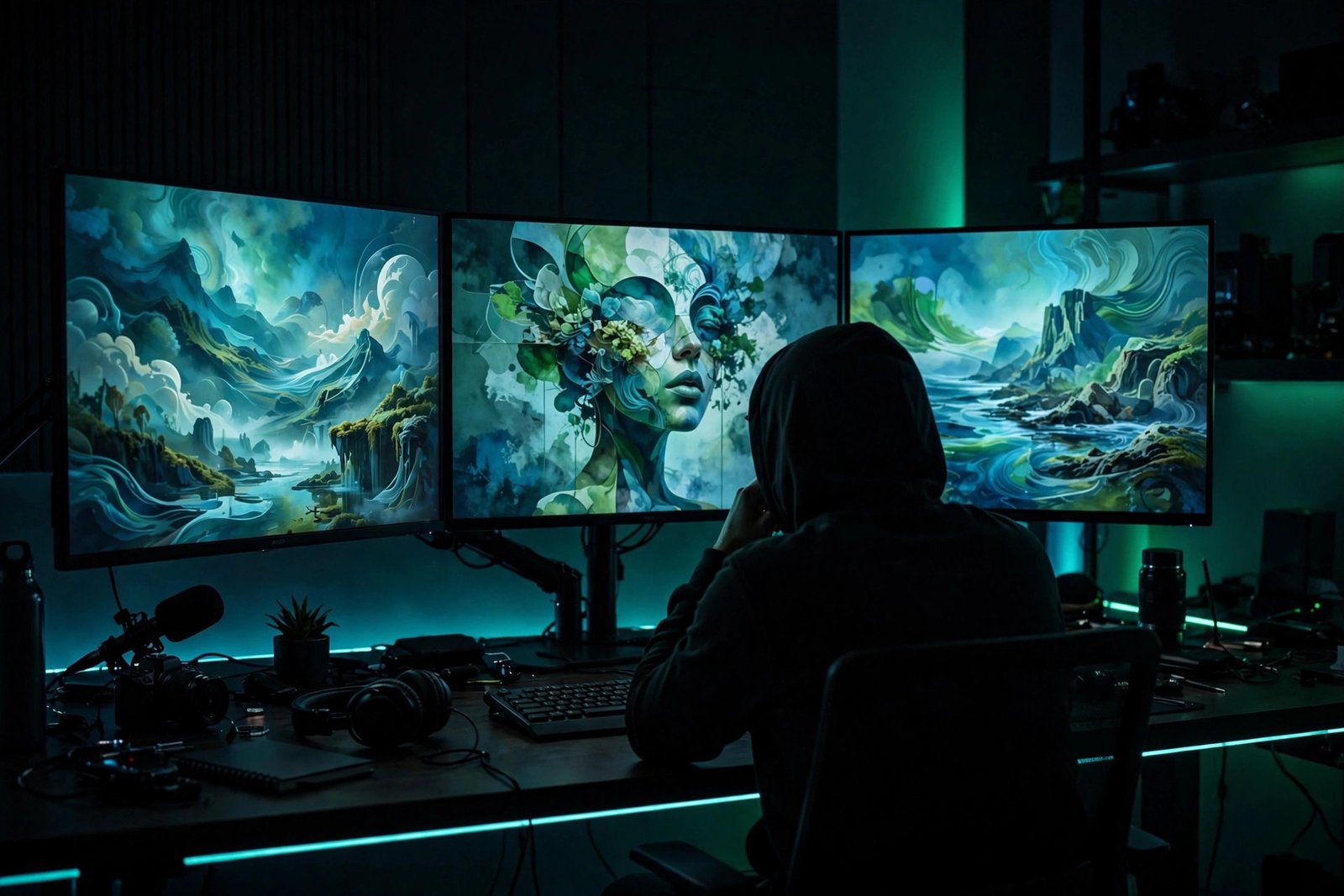 Content creator at a workstation with multiple monitors showing AI-generated video stills, weighing a decision