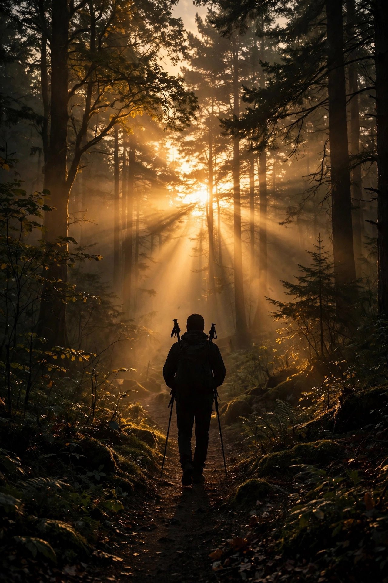 Anonymous silhouette of a hiker on a forest trail at golden hour, symbolic of Krista Zeck's private life away from public attention