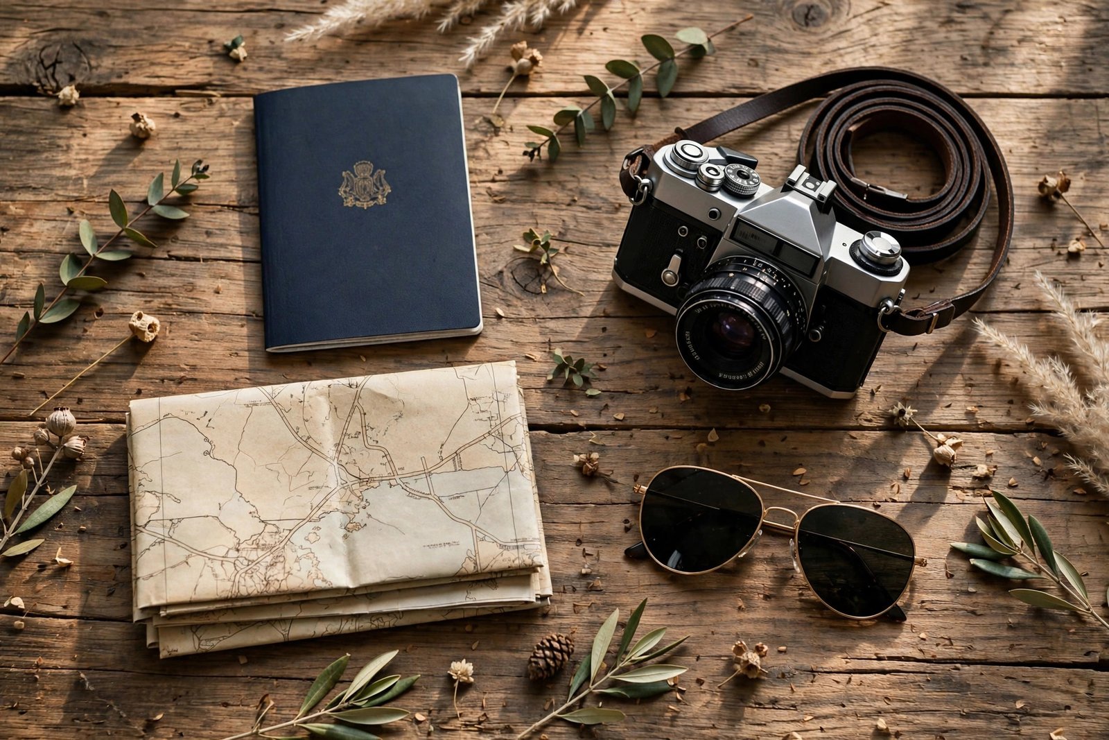 Flat lay of travel essentials on a wooden table, representing the journey to understand who Krista Zeck is through scattered public clues
