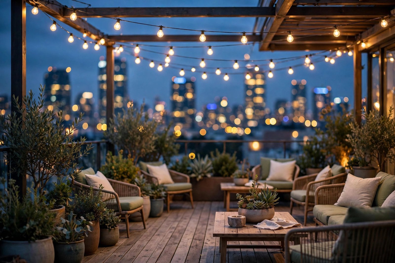Rooftop terrace at dusk with city skyline bokeh, symbolizing the distant public view of Krista Zeck's life