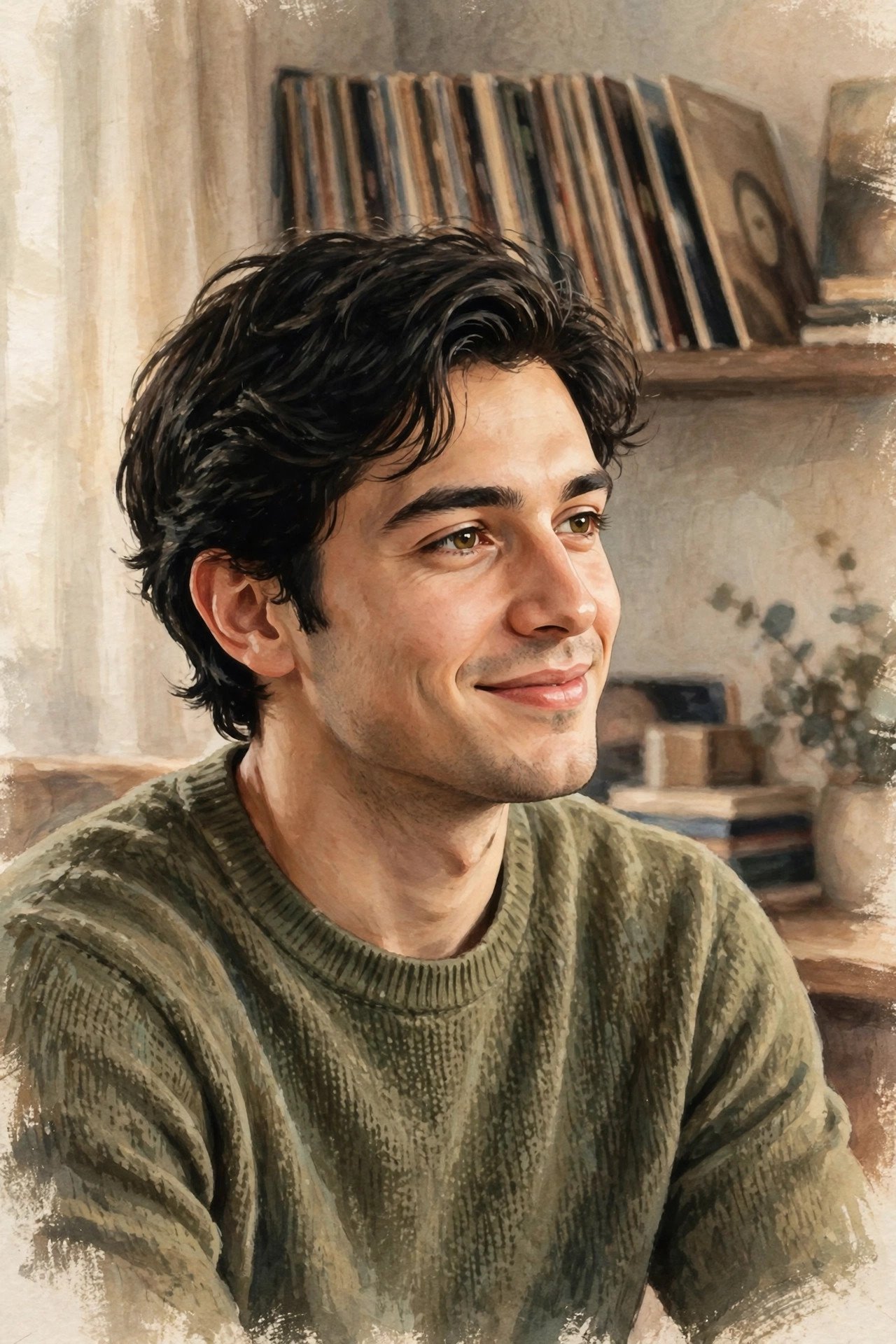 Editorial portrait illustration of Milo Sebastian Sussman, the eldest son of Ricki Lake, with soft studio lighting