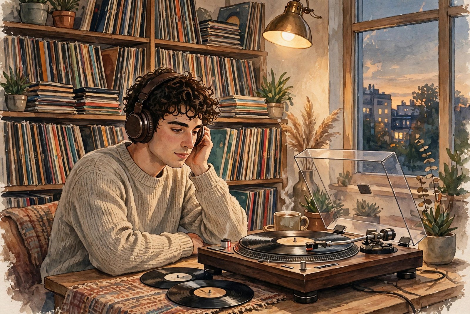 Illustration of a young man listening to vinyl records with a turntable, reflecting Milo Sebastian Sussman's reported interest in music
