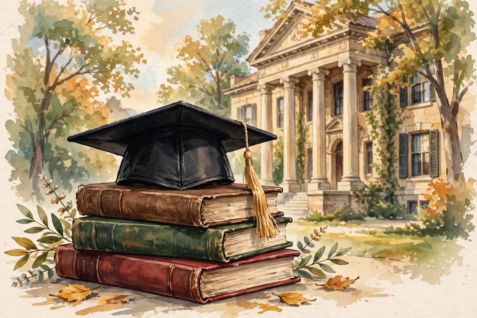 Editorial illustration of a graduation cap on books, representing Milo Sebastian Sussman's graduation from Oberlin College in 2019
