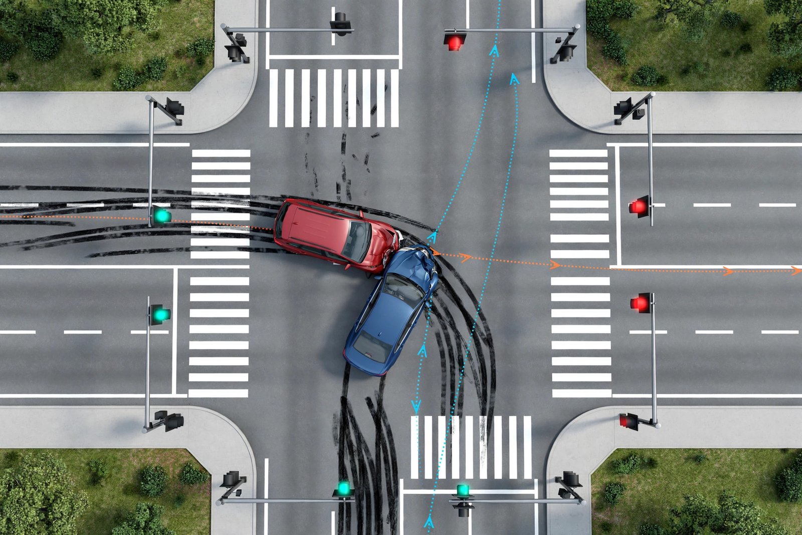 Overhead forensic animation of a vehicle accident reconstruction at an intersection showing vehicle paths and road markings