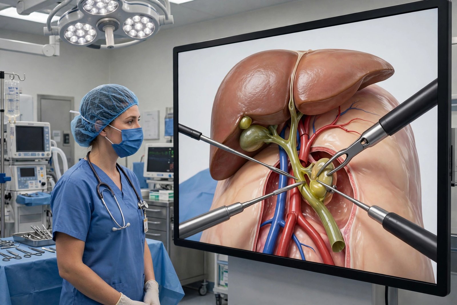 Medical forensic animation showing a surgical procedure on a screen beside an operating room team