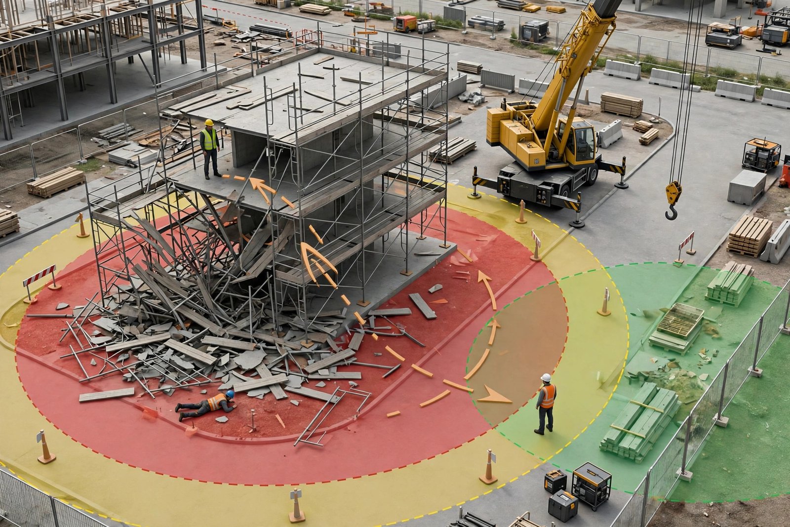 Forensic animation of a construction site showing scaffolding, a crane, and worker positions